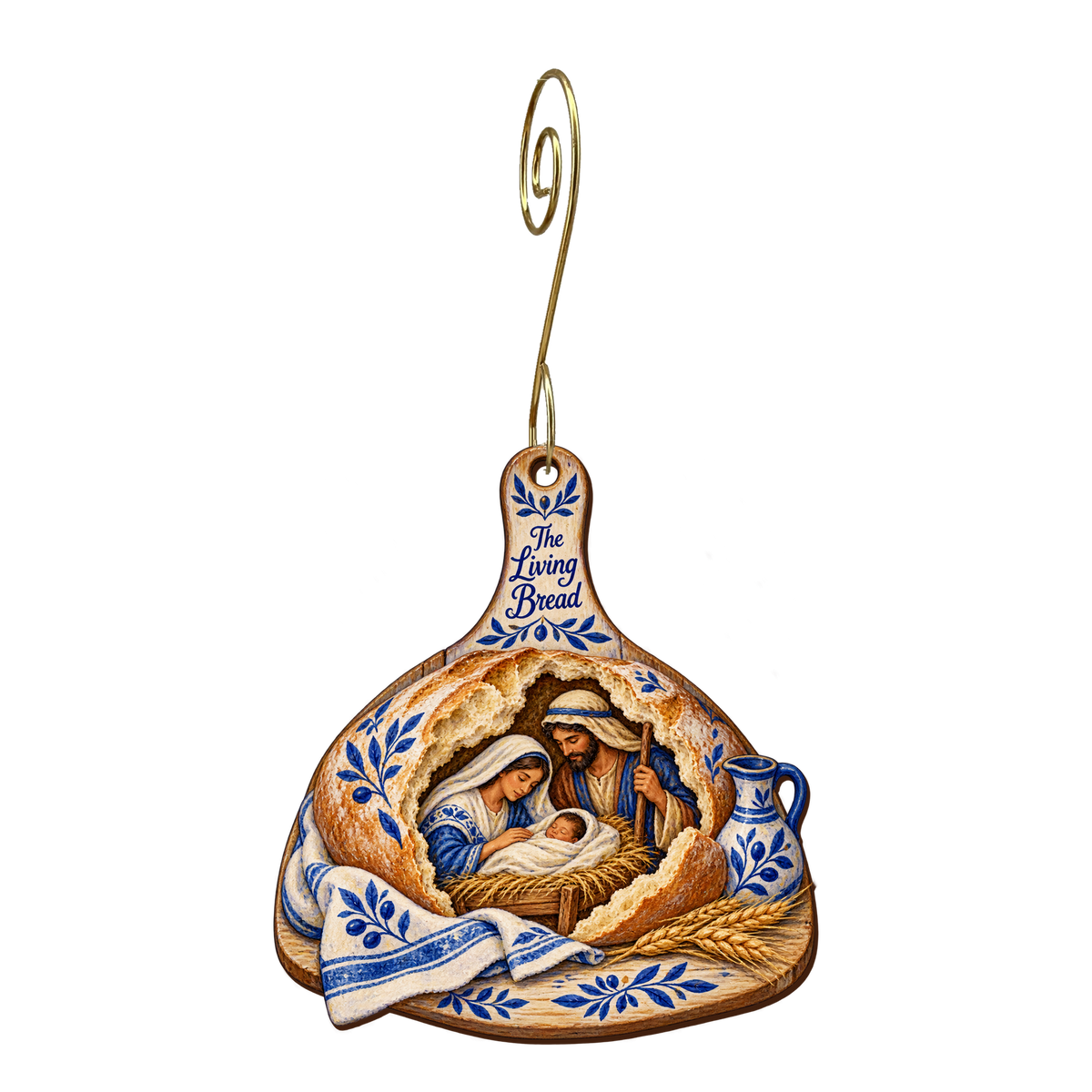 O666 — The Bread Peel's Gift wooden Nativity ornament with gold spiral hook