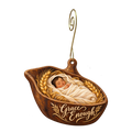 O667 — Grain Scoop Welcome wooden Nativity ornament with gold spiral hook
