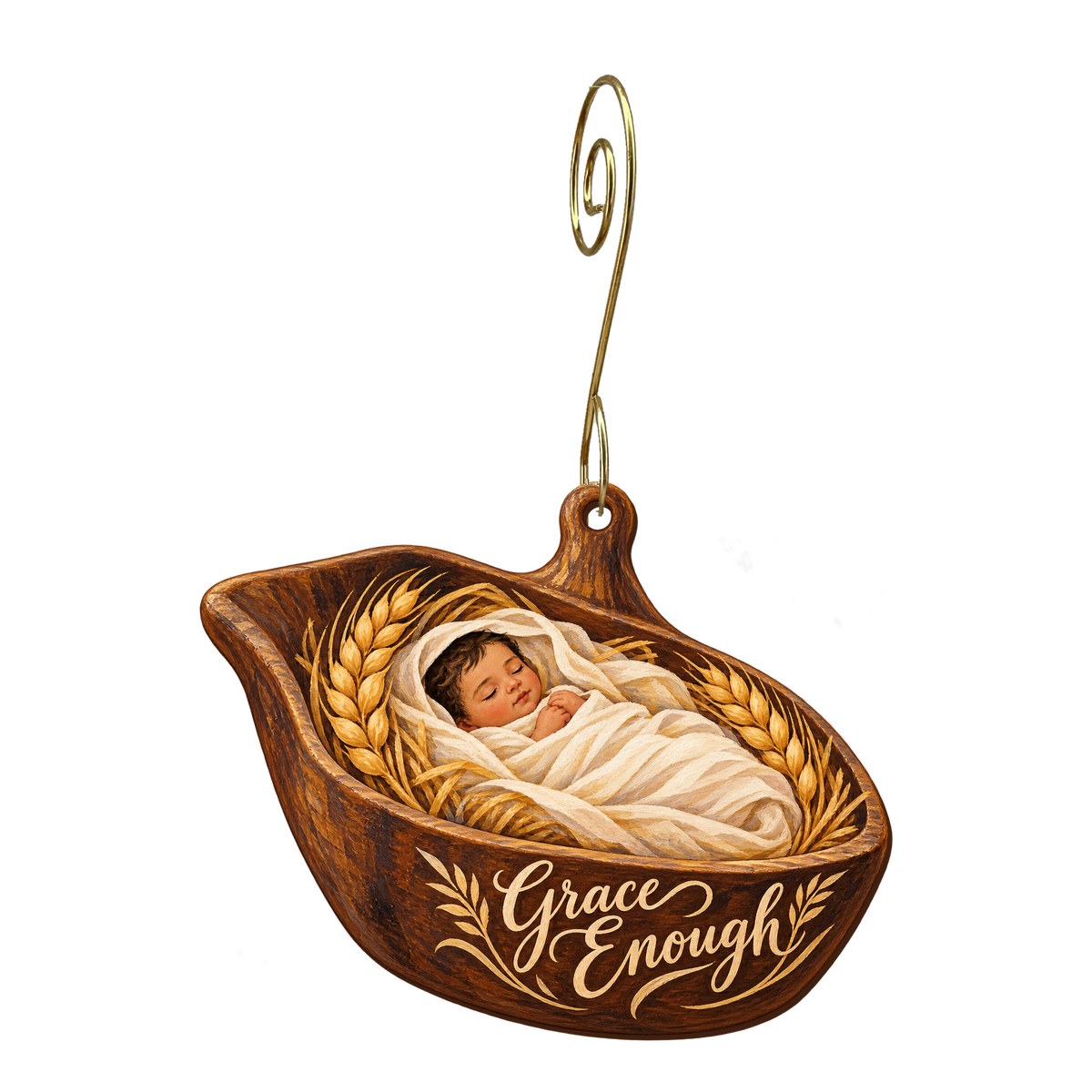 O667 — Grain Scoop Welcome wooden Nativity ornament with gold spiral hook