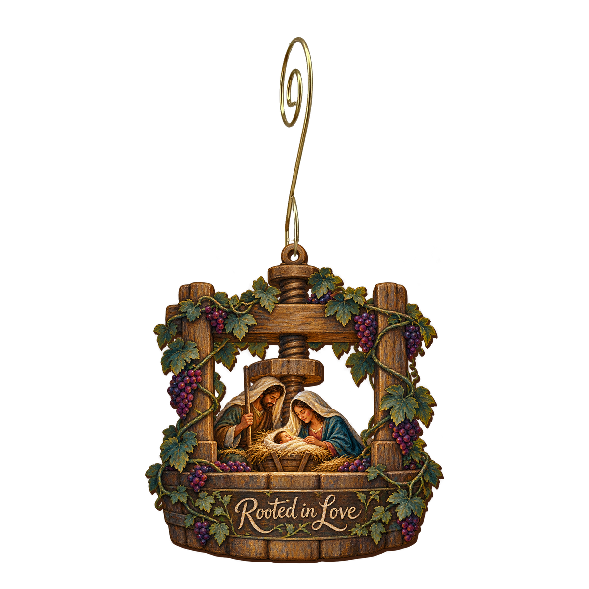 O668 — The Vineyard Press wooden Nativity ornament with gold spiral hook