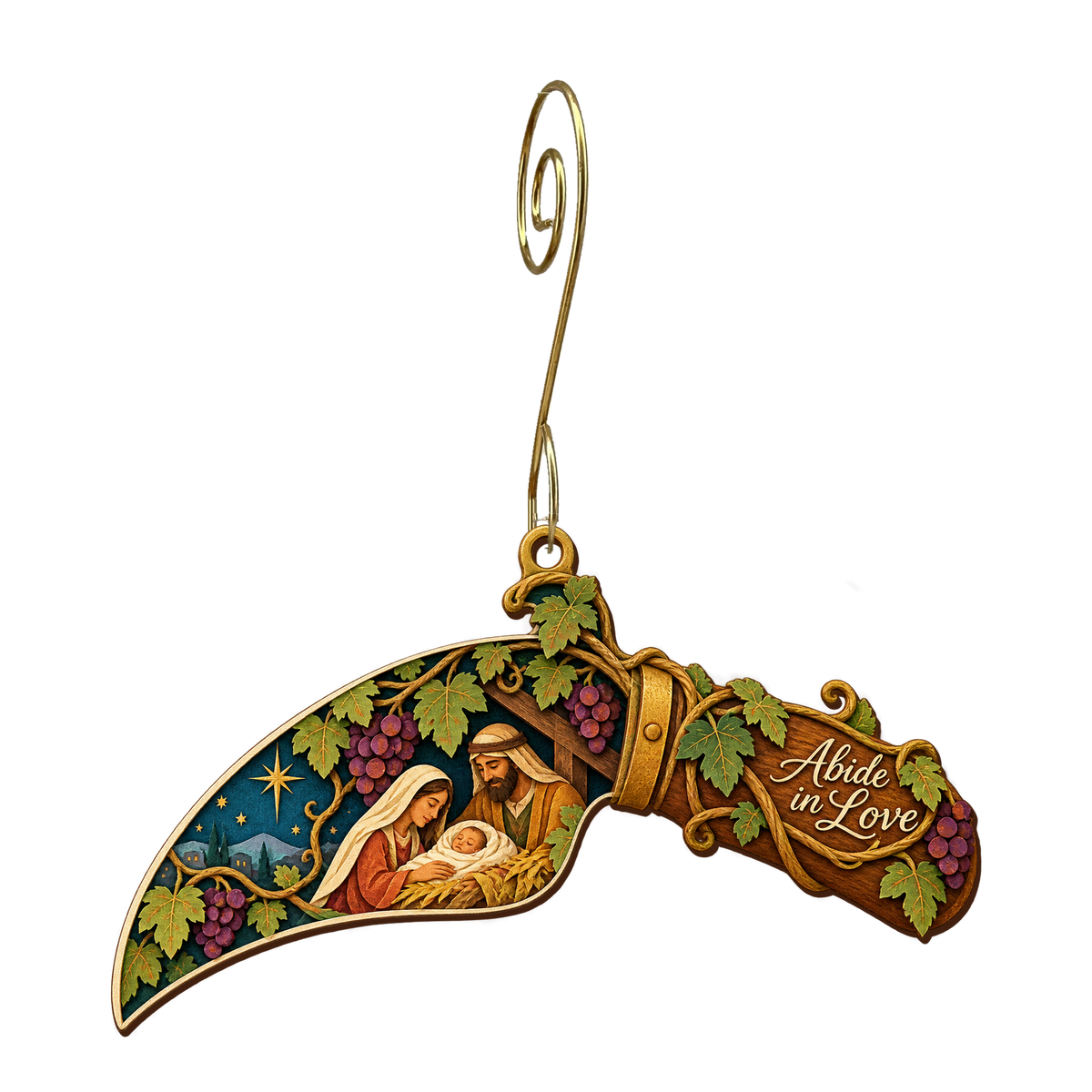 O670 — The Vineyard Knife wooden Nativity ornament with gold spiral hook