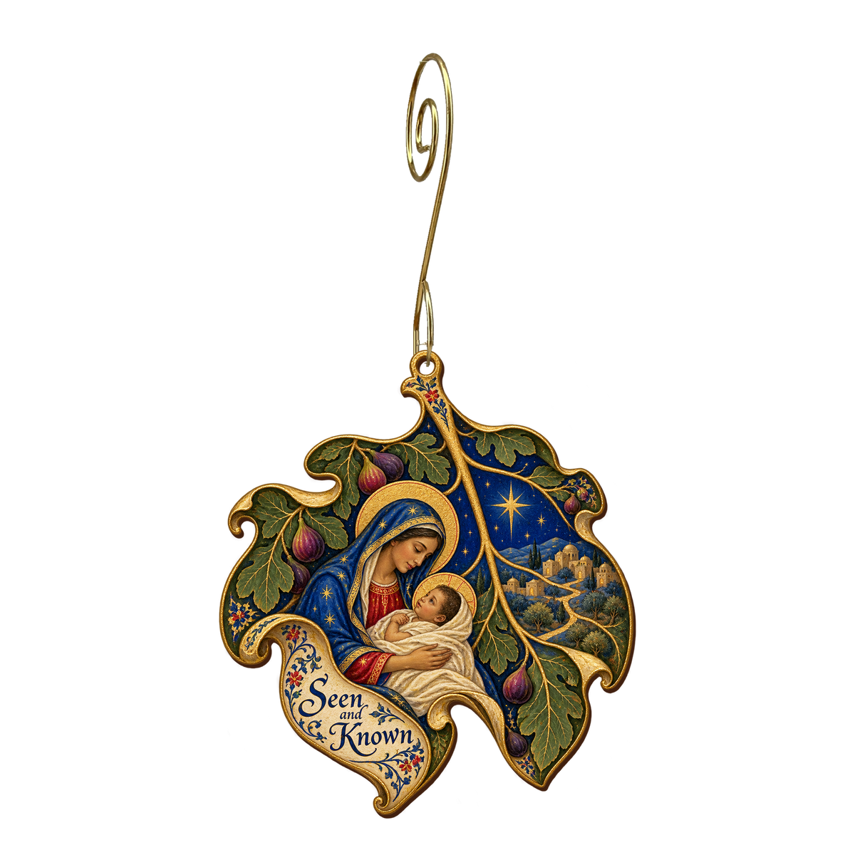 O671 — Fig Leaf of Wonder wooden Nativity ornament with gold spiral hook