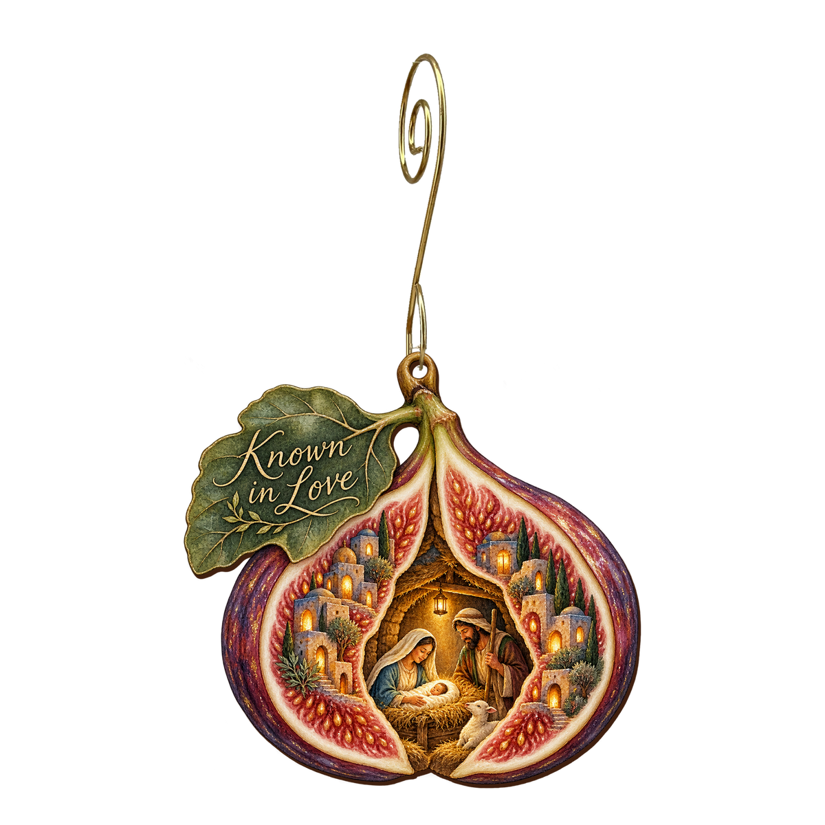 O672 — The Open Fig wooden Nativity ornament with gold spiral hook