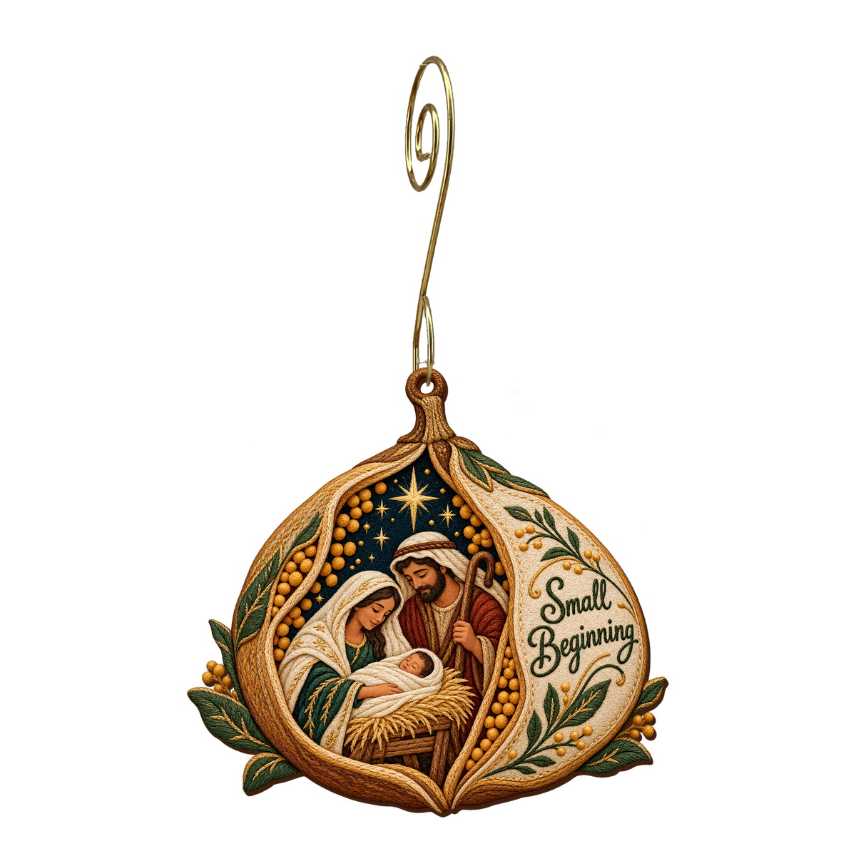 O673 — Mustard Pod Cradle wooden Nativity ornament with gold spiral hook