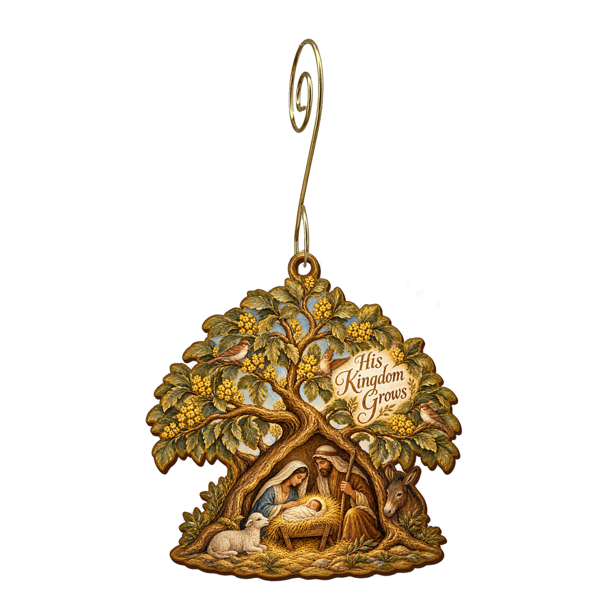 O674 — Branches for the Birds wooden Nativity ornament with gold spiral hook