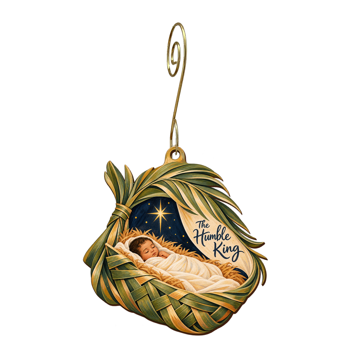 O675 — Palm Frond Cradle wooden Nativity ornament with gold spiral hook
