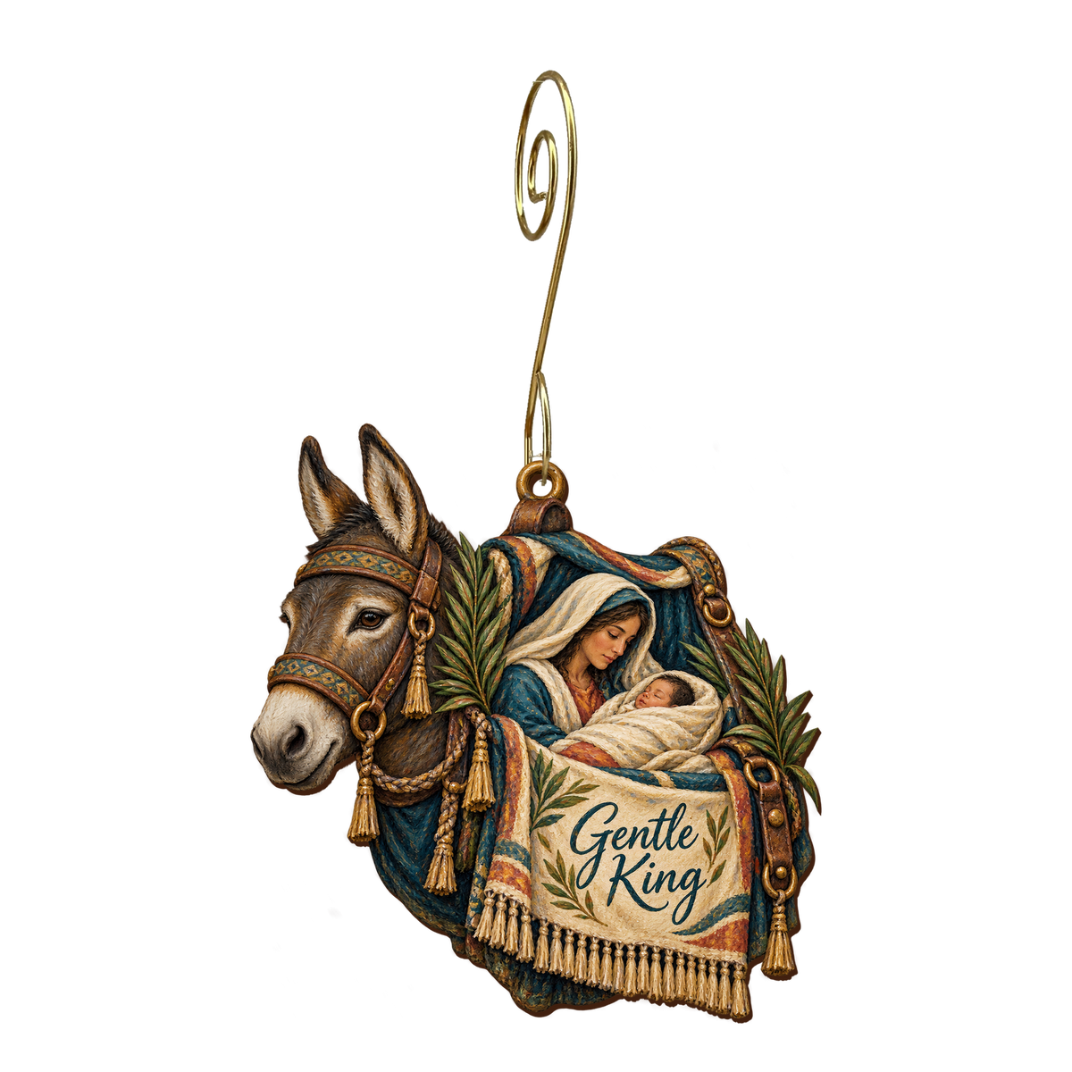 O676 — The King's Bridle wooden Nativity ornament with gold spiral hook