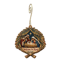 O677 — Palms Become a Roof wooden Nativity ornament with gold spiral hook