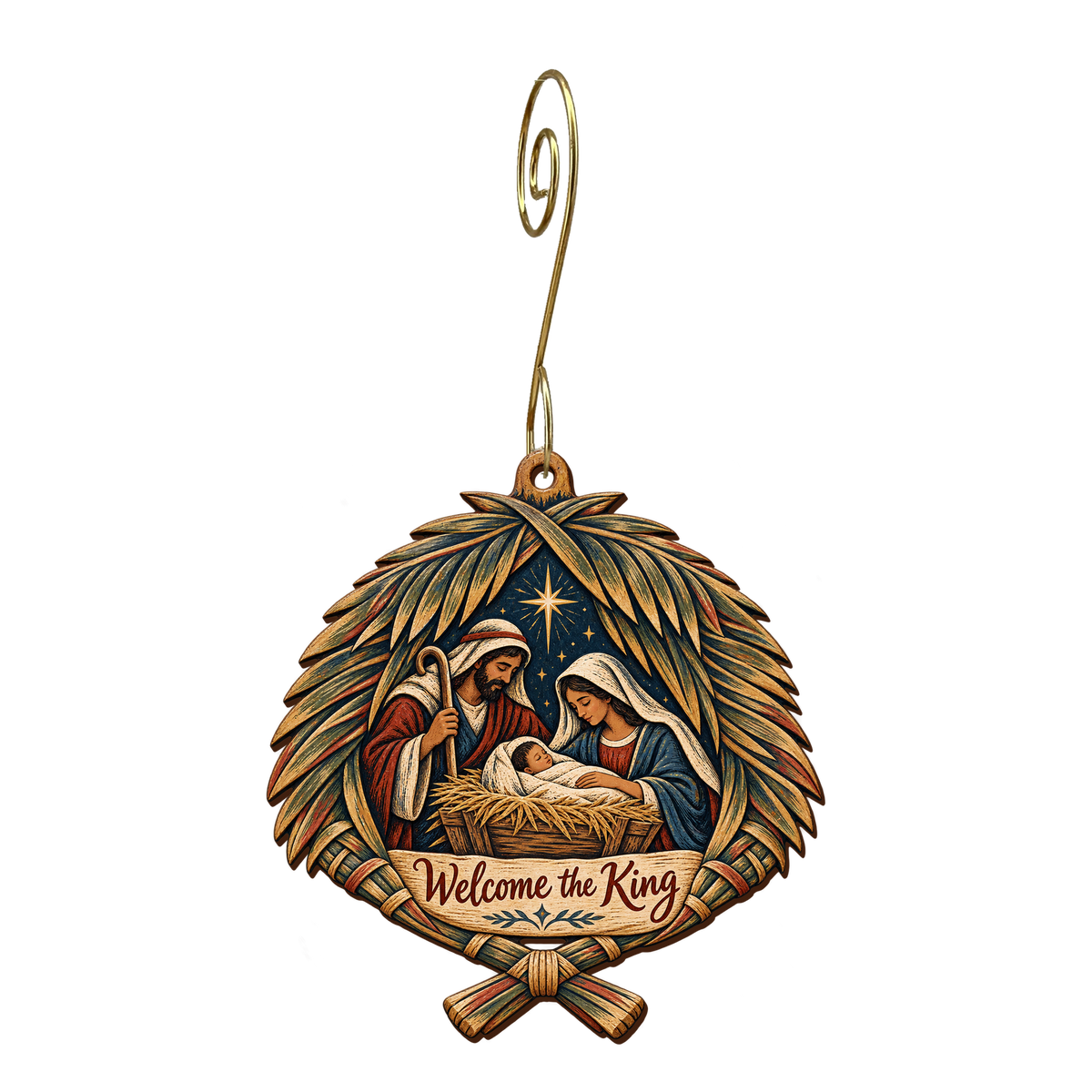 O677 — Palms Become a Roof wooden Nativity ornament with gold spiral hook