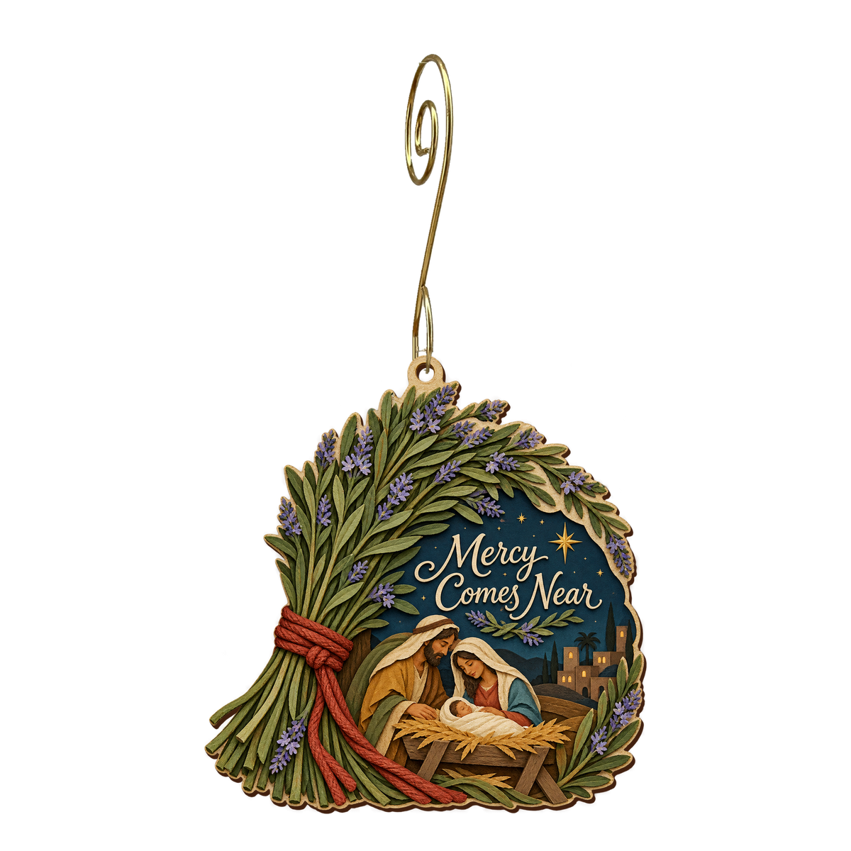 O678 — The Hyssop Bundle wooden Nativity ornament with gold spiral hook
