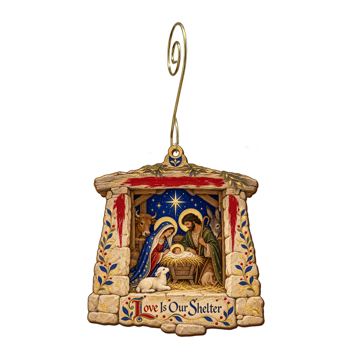 O679 — Doorposts of Deliverance wooden Nativity ornament with gold spiral hook