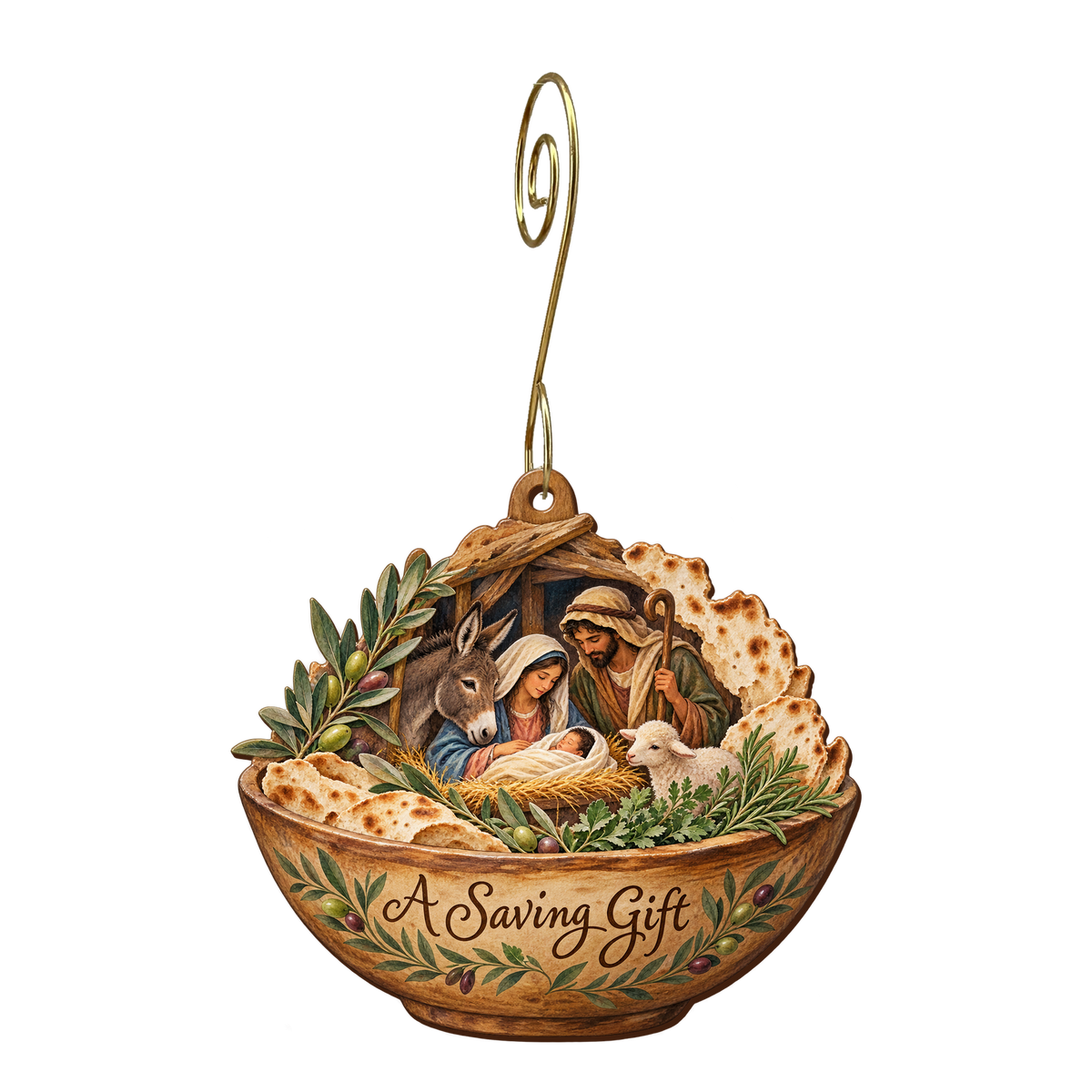 O680 — The Passover Bowl wooden Nativity ornament with gold spiral hook