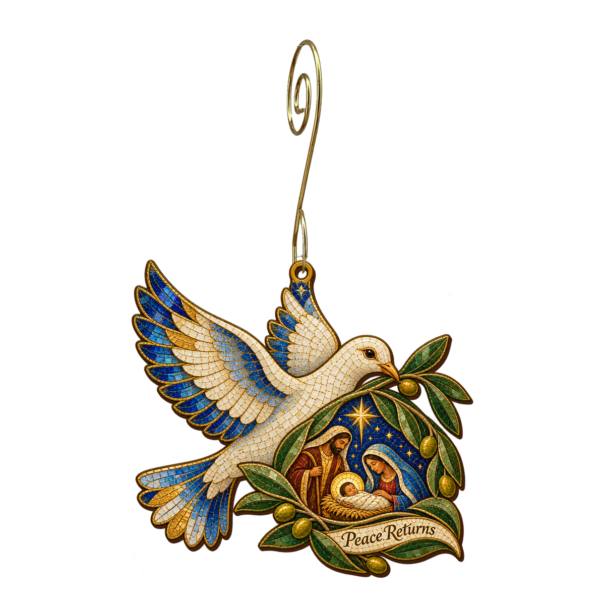 O681 — The Olive Leaf Returns wooden Nativity ornament with gold spiral hook
