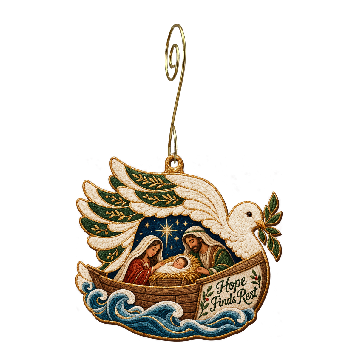 O682 — Wing over the Waters wooden Nativity ornament with gold spiral hook