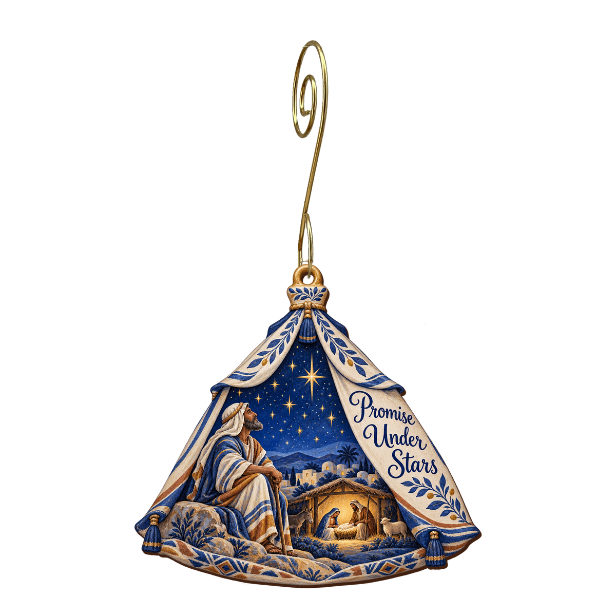 O683 — Tent Flap of Stars wooden Nativity ornament with gold spiral hook