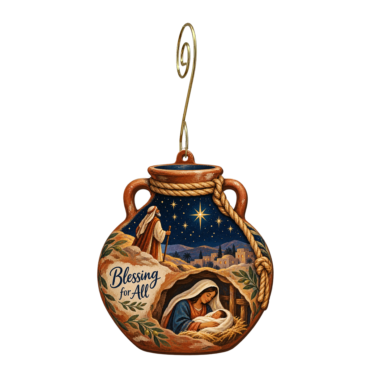 O684 — The Traveler's Water Jar wooden Nativity ornament with gold spiral hook