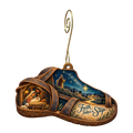 O685 — The Sandal and the Stars wooden Nativity ornament with gold spiral hook