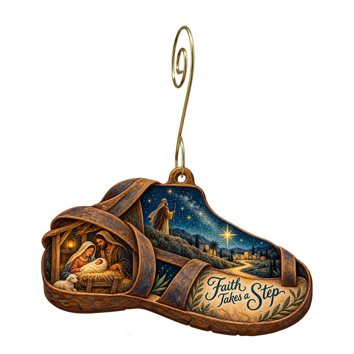 O685 — The Sandal and the Stars wooden Nativity ornament with gold spiral hook