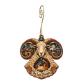 O686 — Ram Horns of Mercy wooden Nativity ornament with gold spiral hook