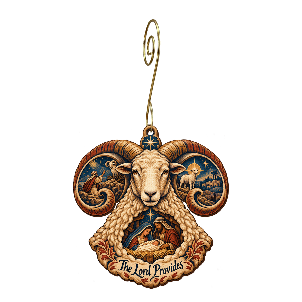 O686 — Ram Horns of Mercy wooden Nativity ornament with gold spiral hook
