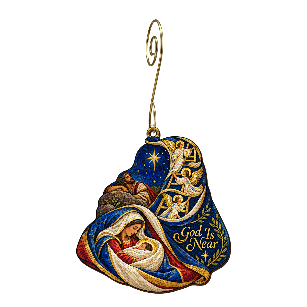 O689 — Ladder in the Cloak wooden Nativity ornament with gold spiral hook