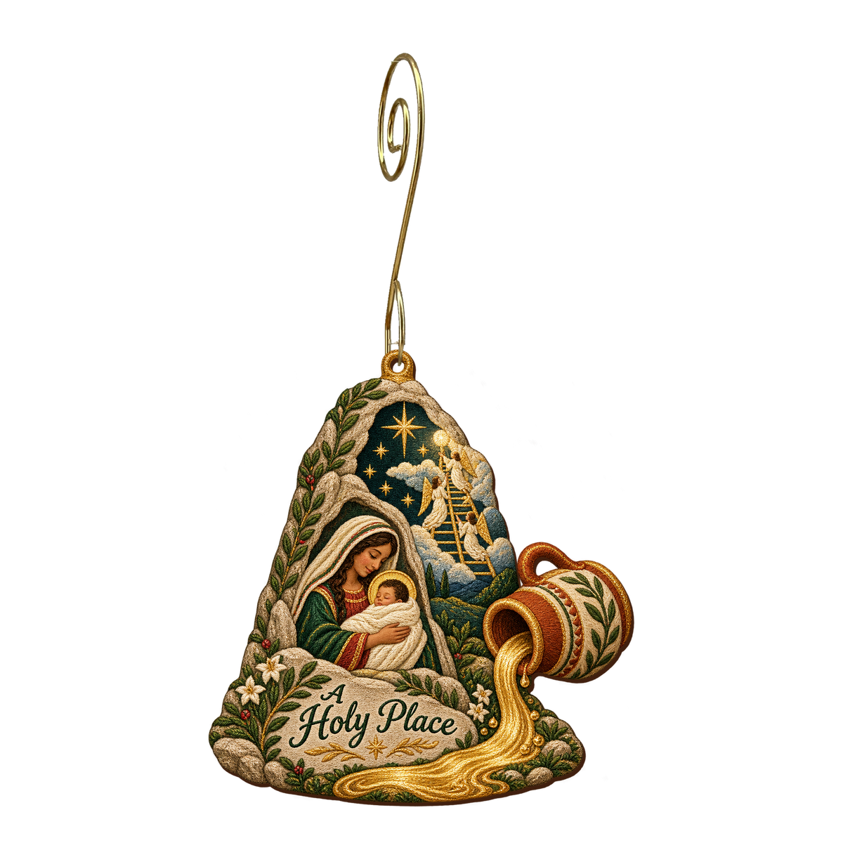 O690 — Oil on the Standing Stone wooden Nativity ornament with gold spiral hook
