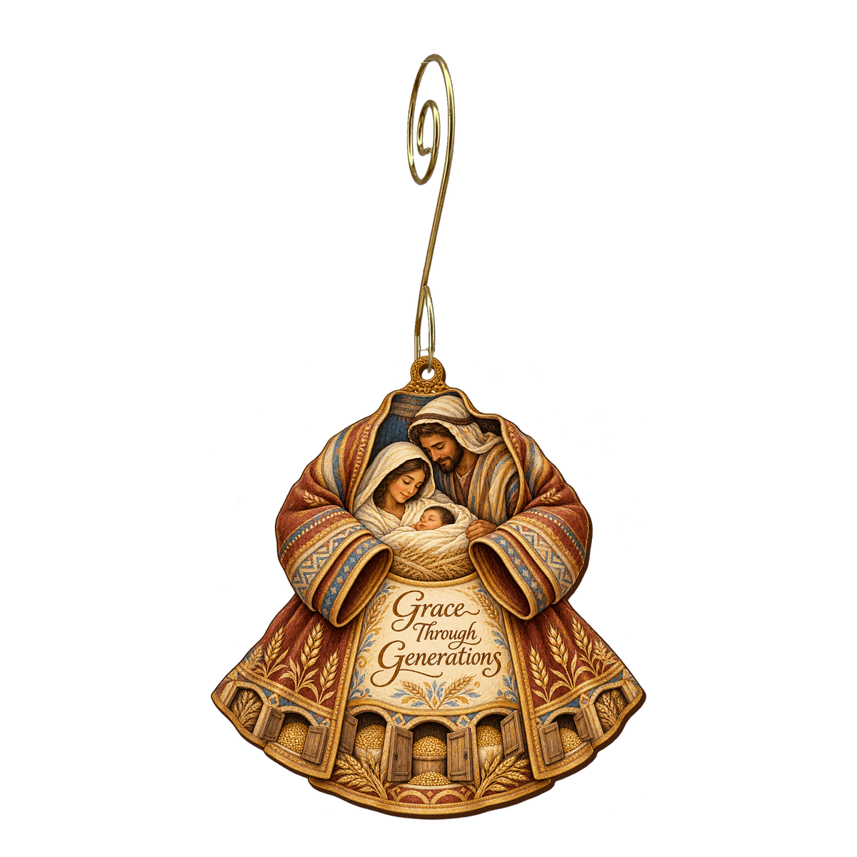 O691 — The Coat Holds a Cradle wooden Nativity ornament with gold spiral hook