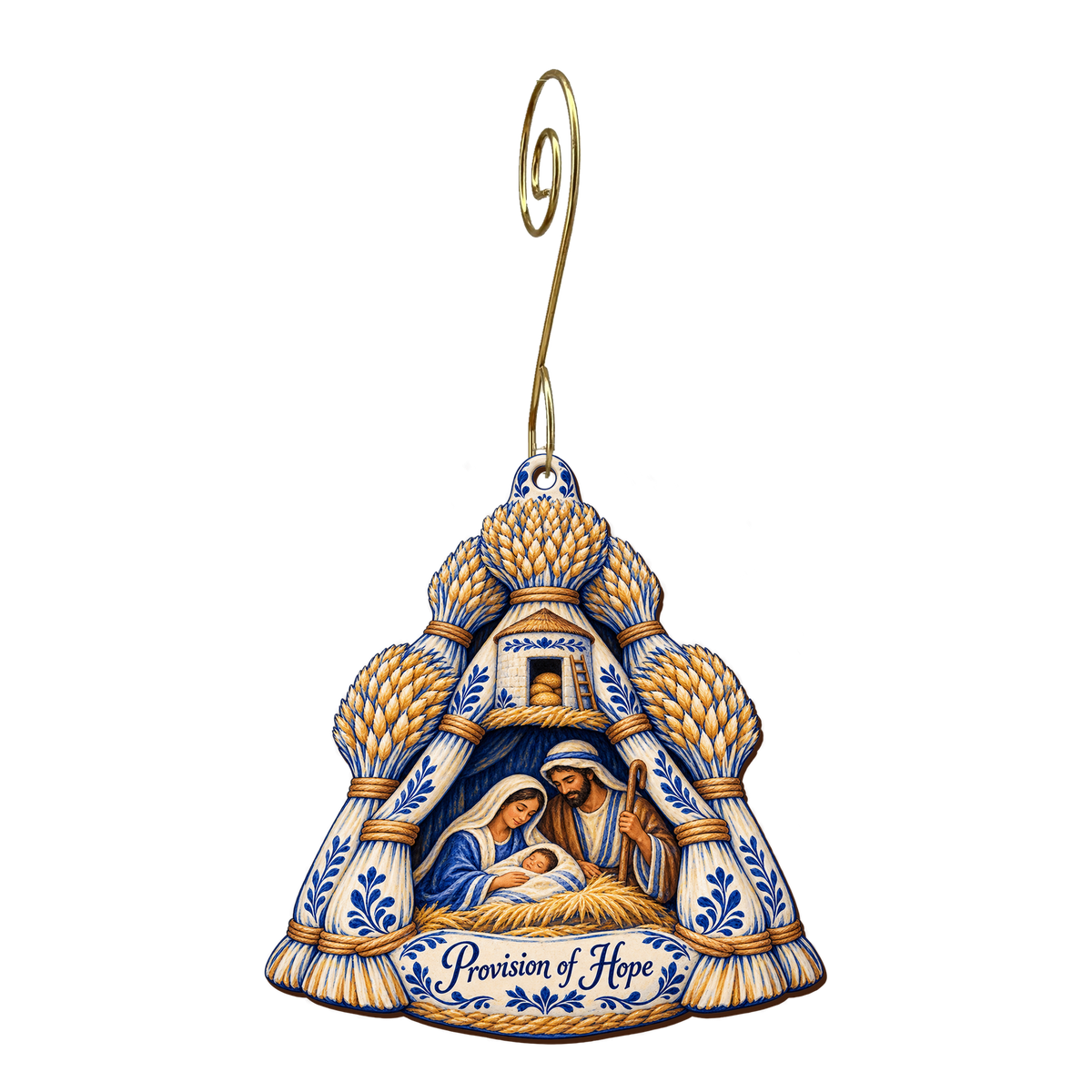 O692 — Seven Sheaves Shelter wooden Nativity ornament with gold spiral hook