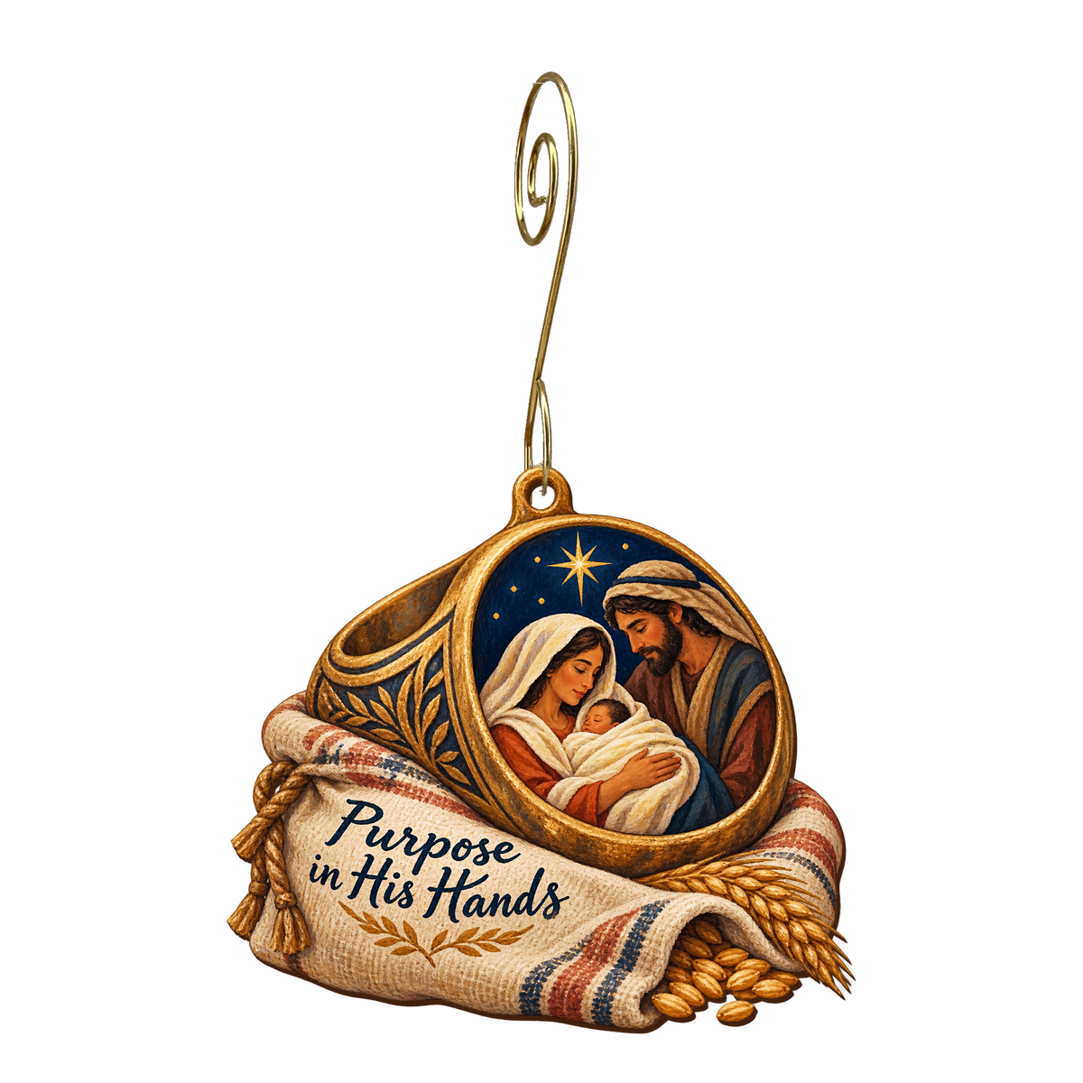 O693 — The Signet of Service wooden Nativity ornament with gold spiral hook