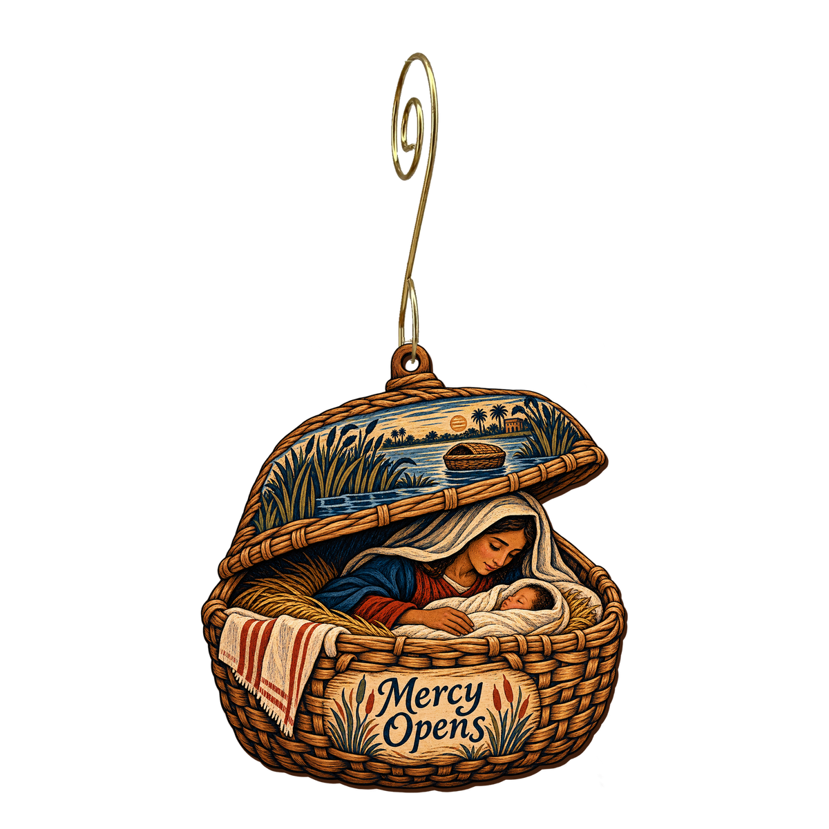 O695 — The Basket Lid Opens wooden Nativity ornament with gold spiral hook
