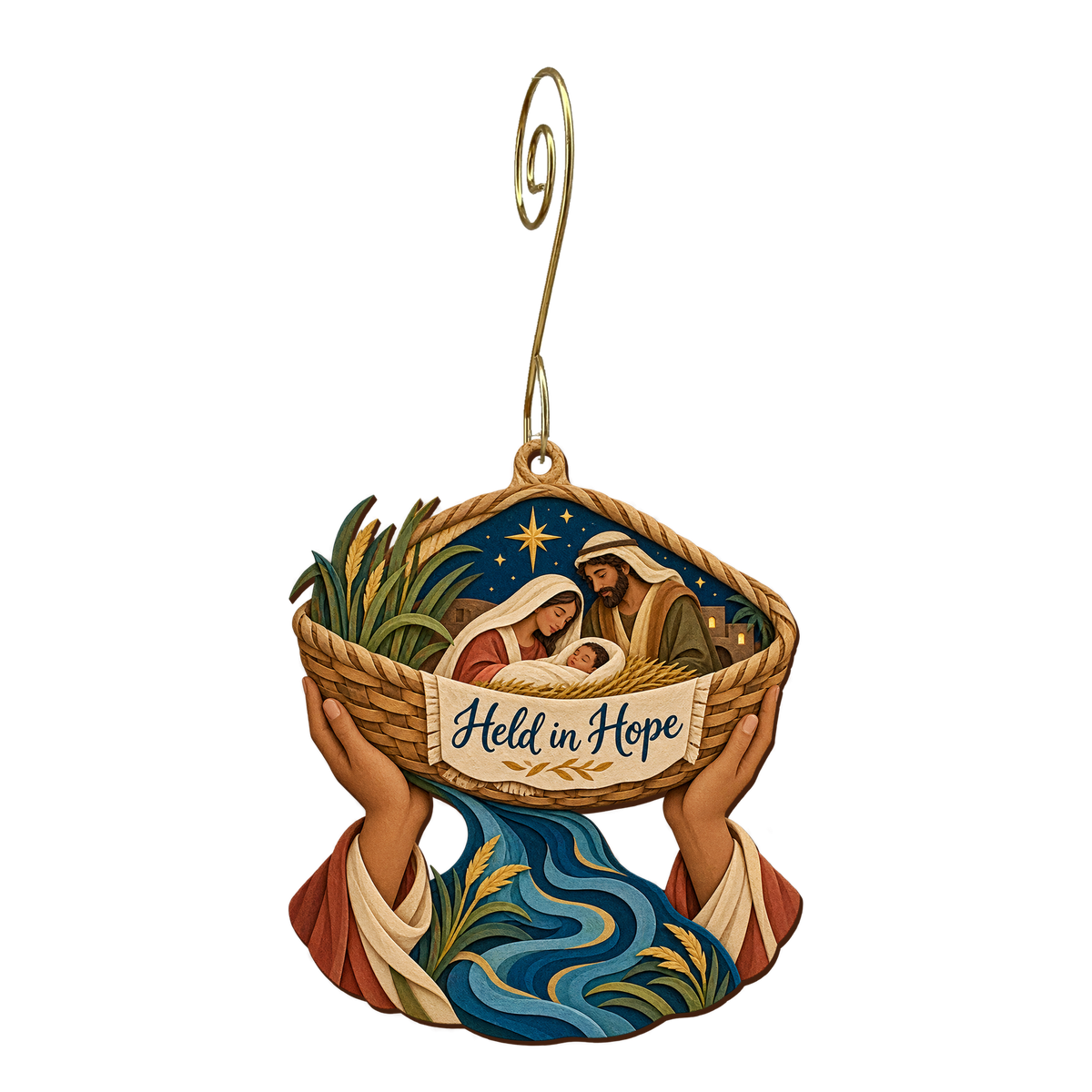 O696 — Hands Above the River wooden Nativity ornament with gold spiral hook