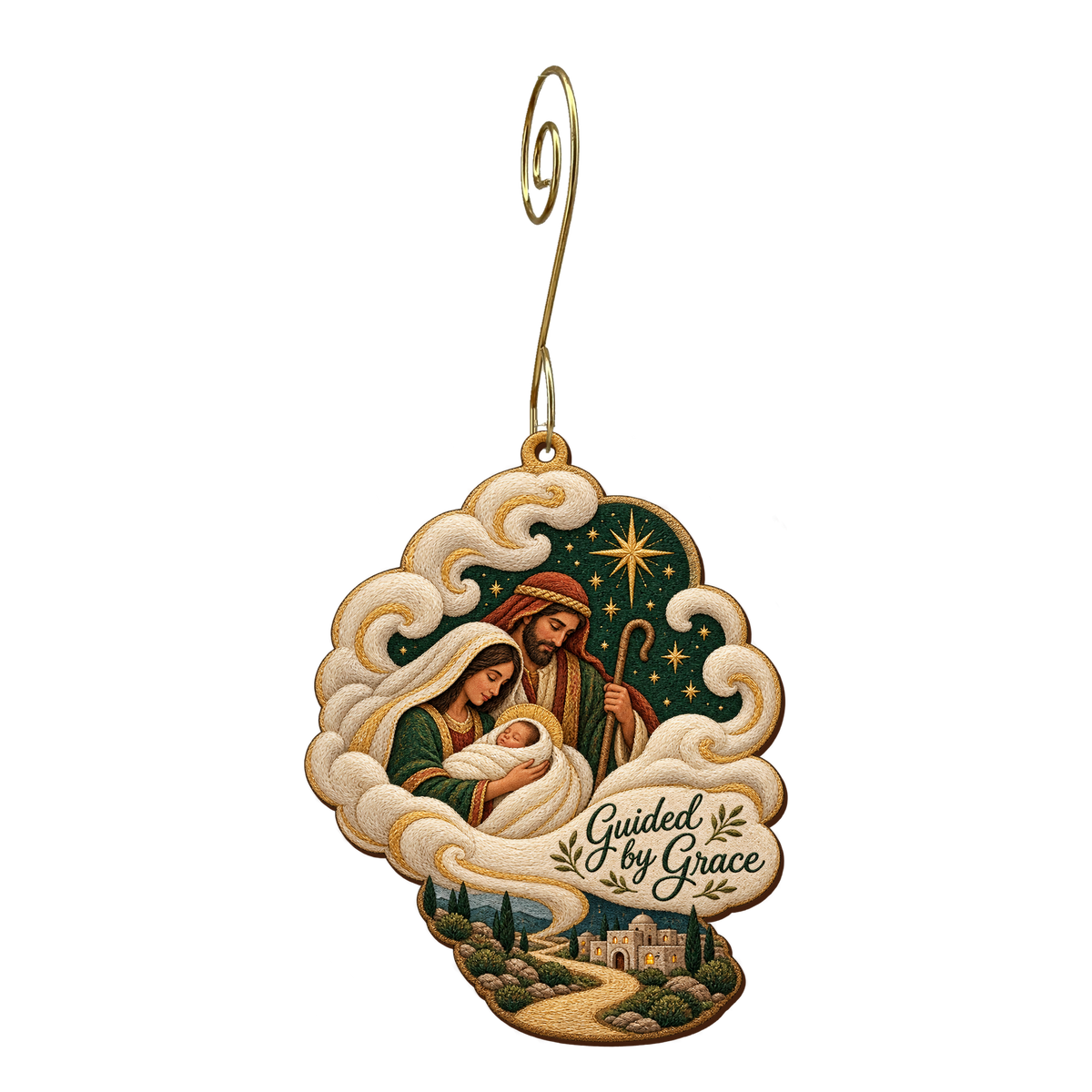 O698 — Cloud Becomes Swaddling wooden Nativity ornament with gold spiral hook