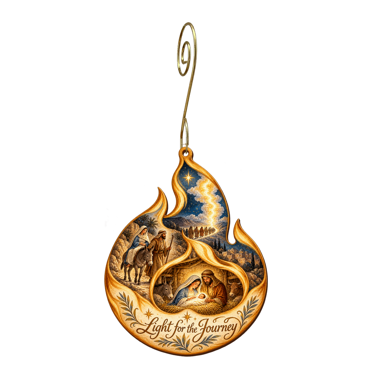 O699 — Pillar of Gentle Fire wooden Nativity ornament with gold spiral hook