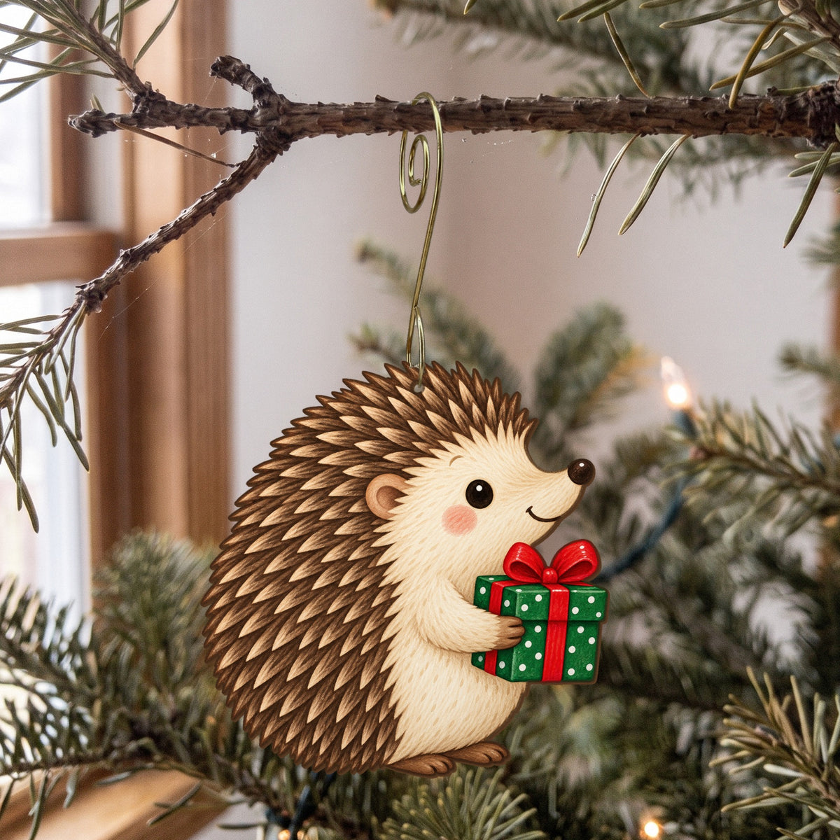 Laser-cut maple wood Christmas ornament O6 hanging on a fir branch, made in USA