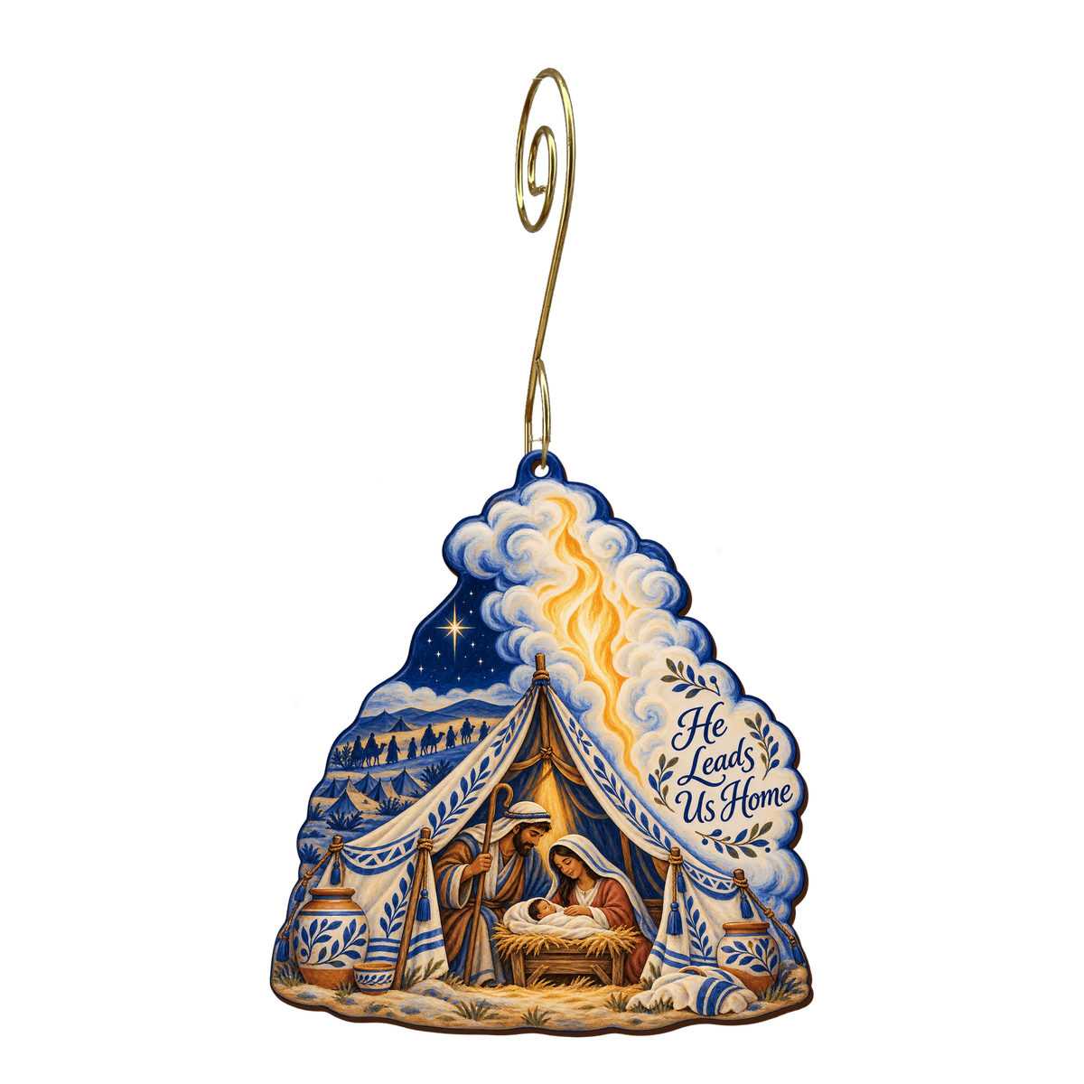 O700 — The Camp's Guiding Light wooden Nativity ornament with gold spiral hook