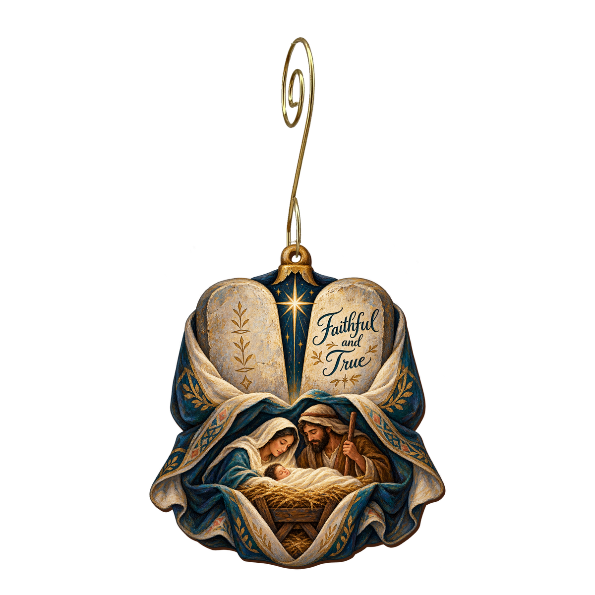 O702 — The Tablets in the Cloak wooden Nativity ornament with gold spiral hook