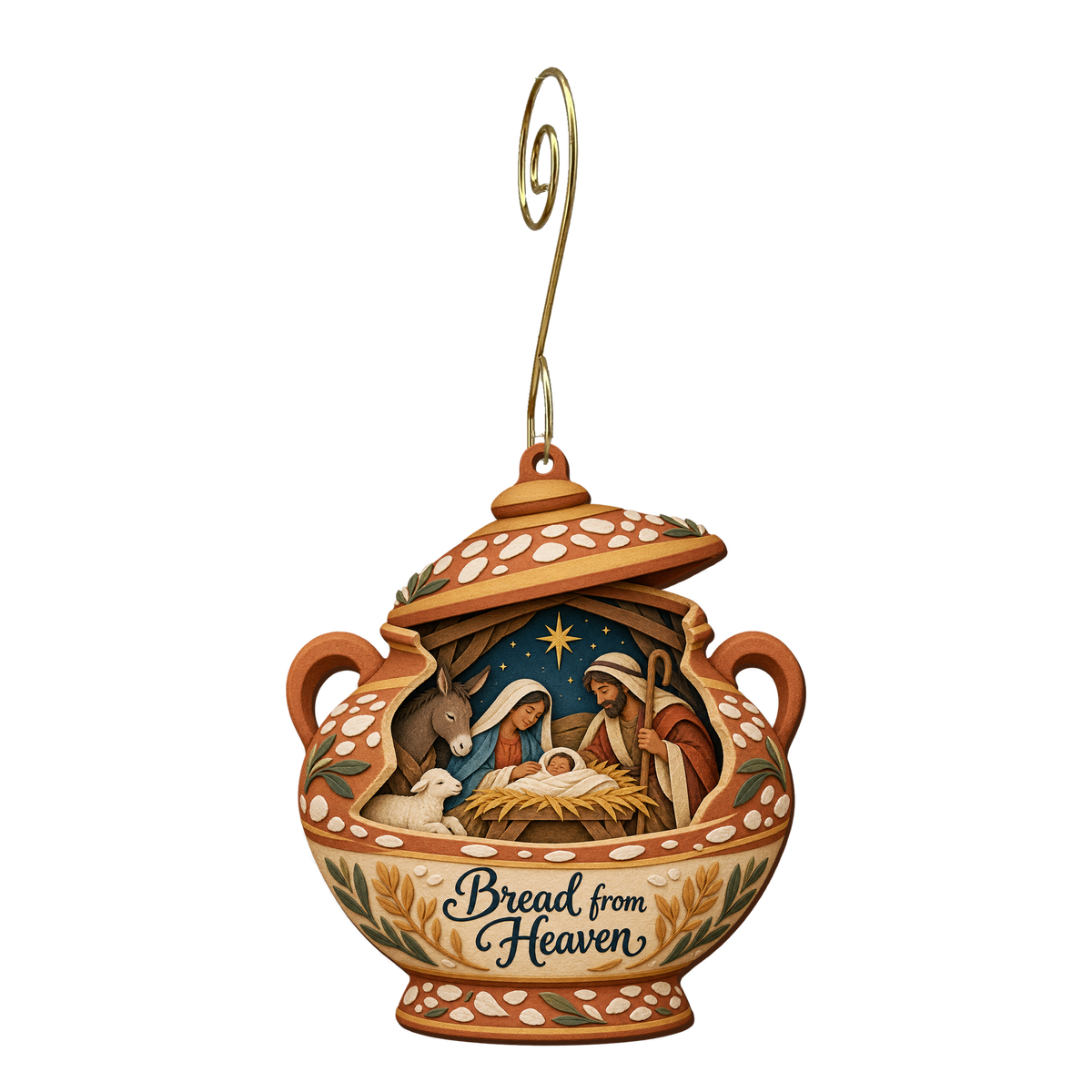 O704 — Manna Jar of Wonder wooden Nativity ornament with gold spiral hook
