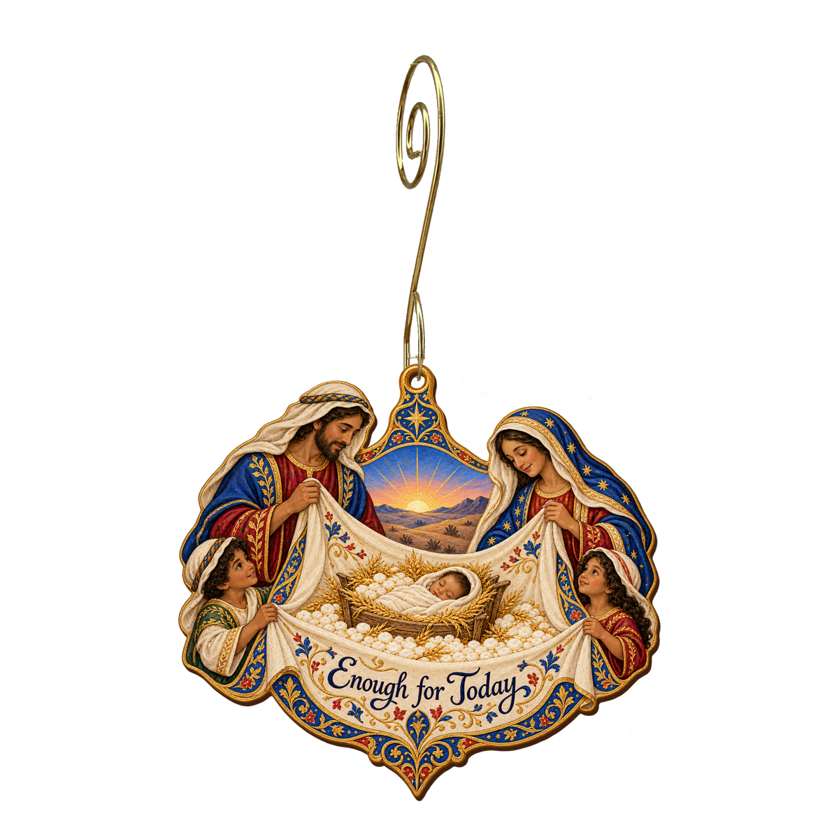 O705 — The Gathering Cloth wooden Nativity ornament with gold spiral hook
