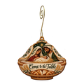 O706 — The Bread Plate Opens wooden Nativity ornament with gold spiral hook