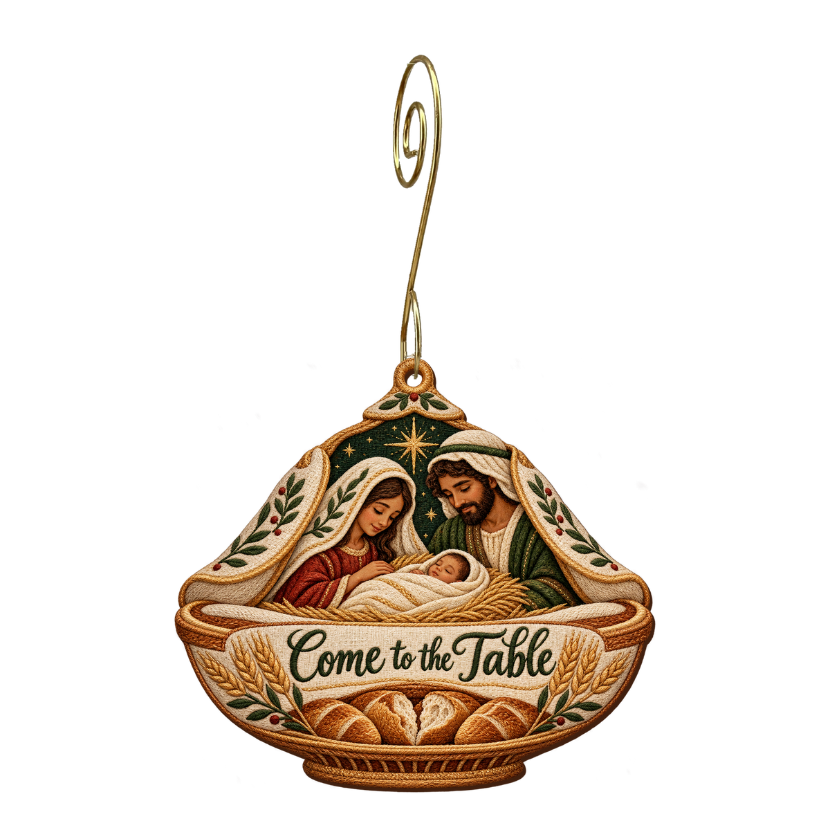 O706 — The Bread Plate Opens wooden Nativity ornament with gold spiral hook