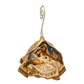 O707 — The Tablecloth's Promise wooden Nativity ornament with gold spiral hook
