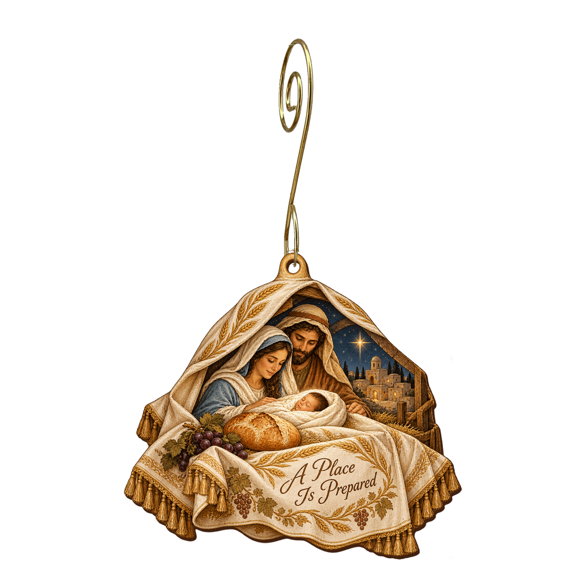 O707 — The Tablecloth's Promise wooden Nativity ornament with gold spiral hook