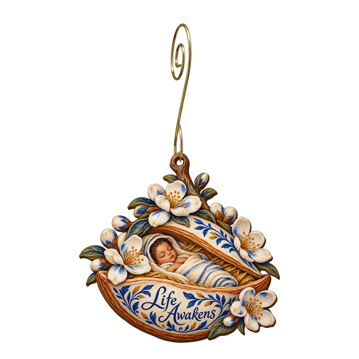O708 — Almond Pod of Promise wooden Nativity ornament with gold spiral hook