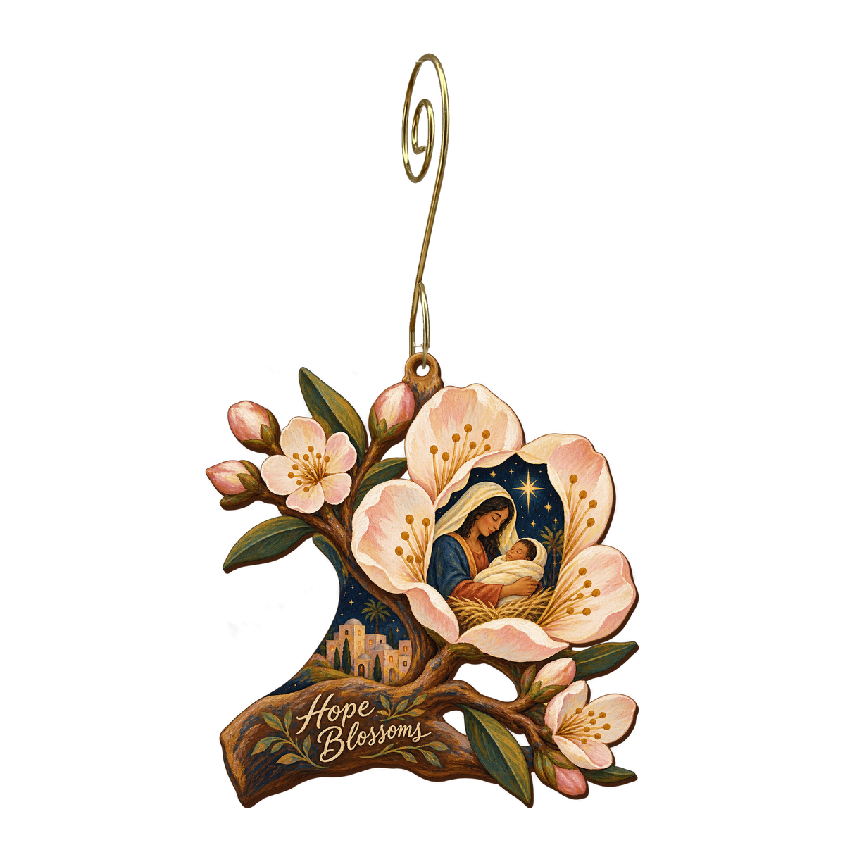 O709 — Blossom over Bethlehem wooden Nativity ornament with gold spiral hook