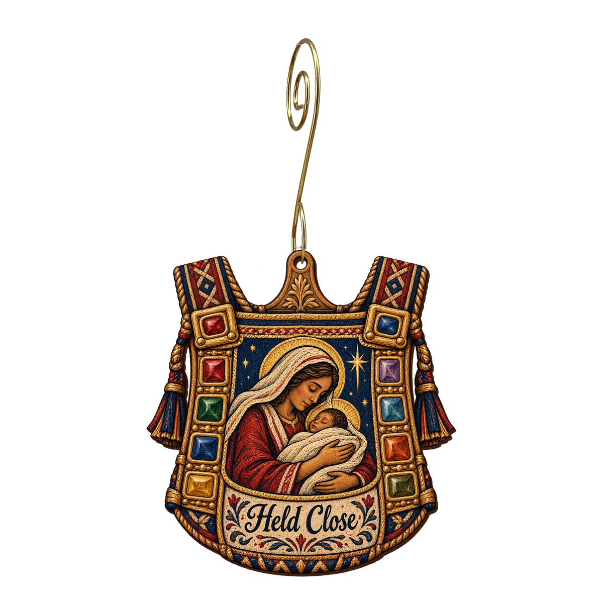O711 — Stones of Remembrance wooden Nativity ornament with gold spiral hook