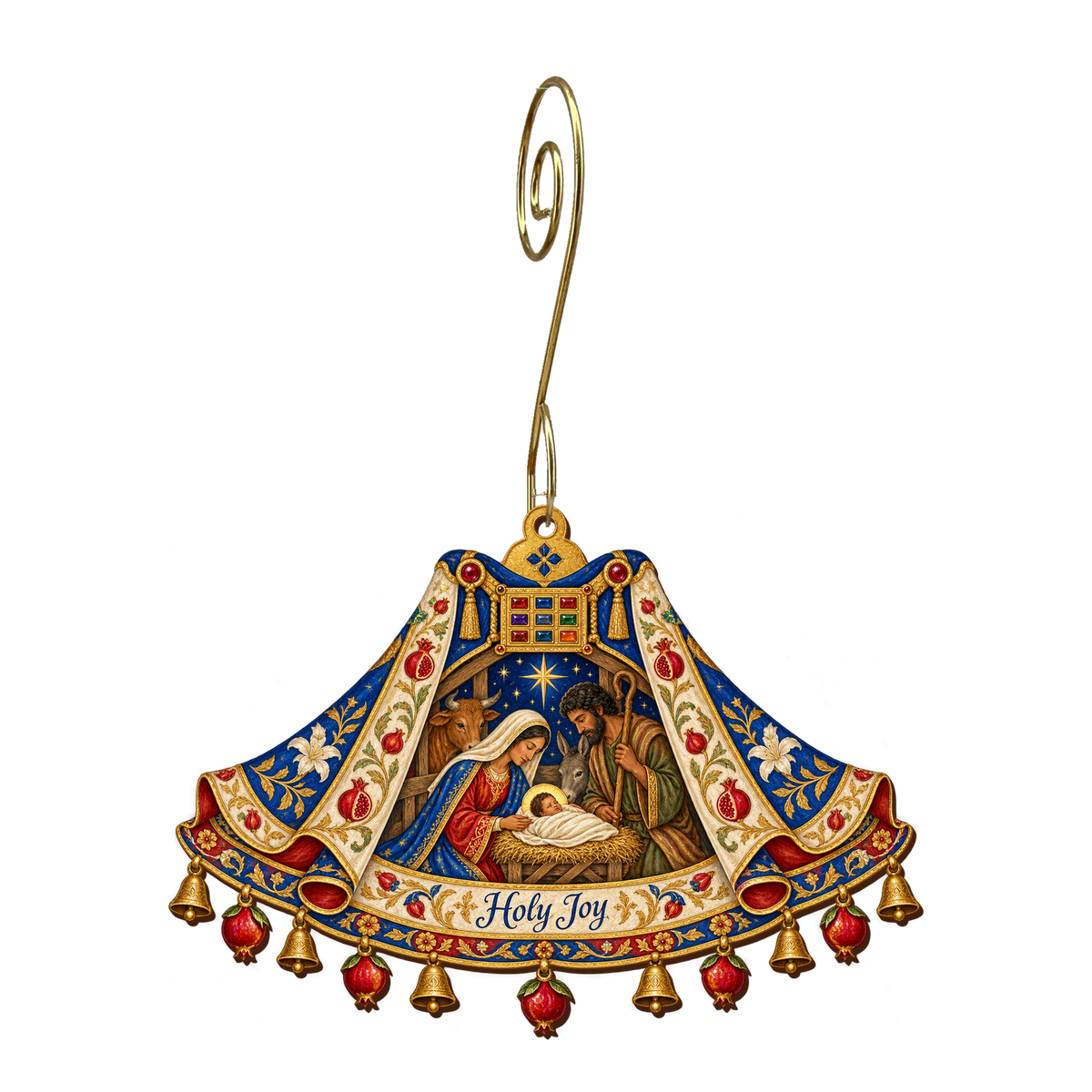 O713 — The Golden Hem wooden Nativity ornament with gold spiral hook