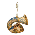O714 — Trumpet around the Manger wooden Nativity ornament with gold spiral hook