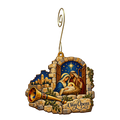 O715 — The Wall Becomes Welcome wooden Nativity ornament with gold spiral hook