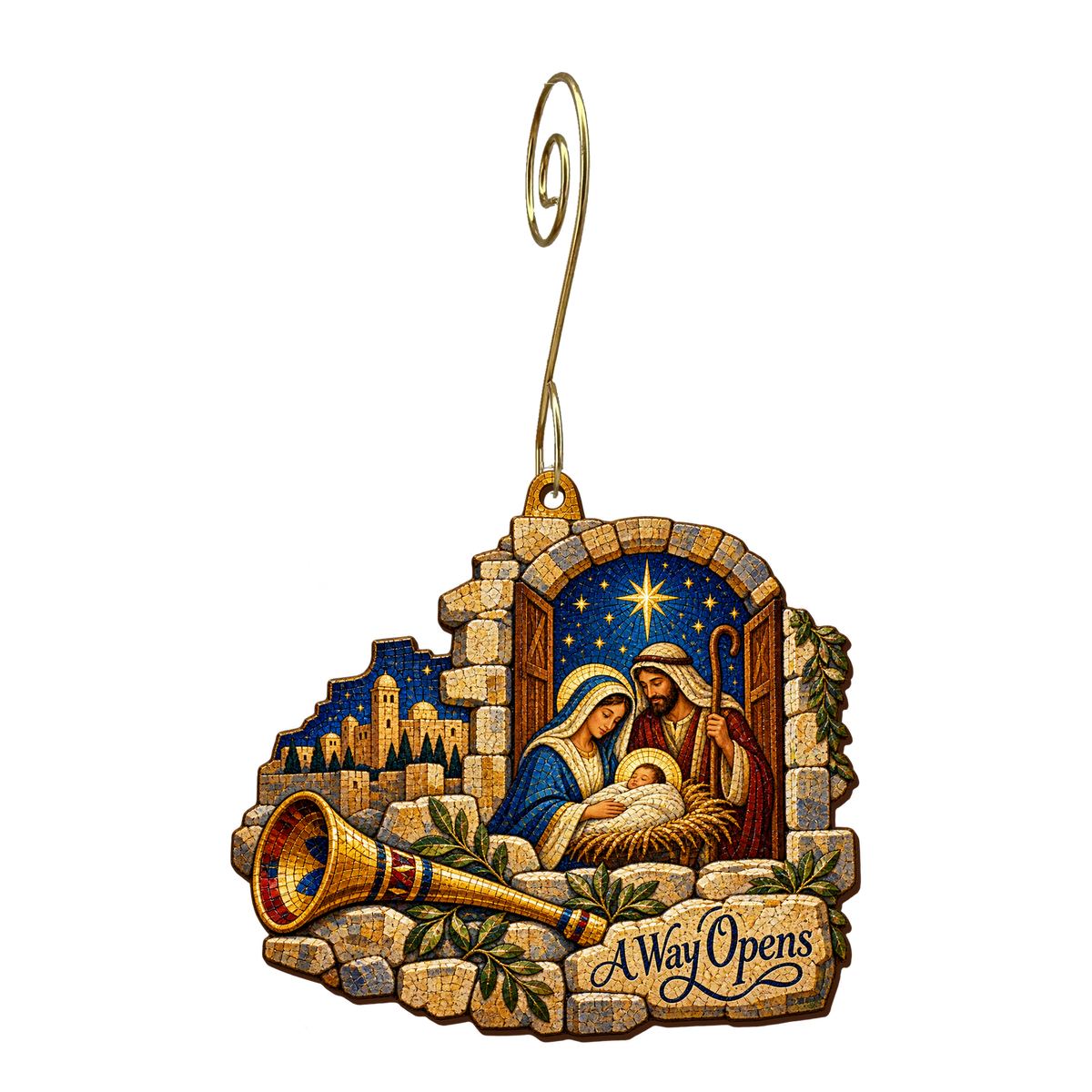 O715 — The Wall Becomes Welcome wooden Nativity ornament with gold spiral hook