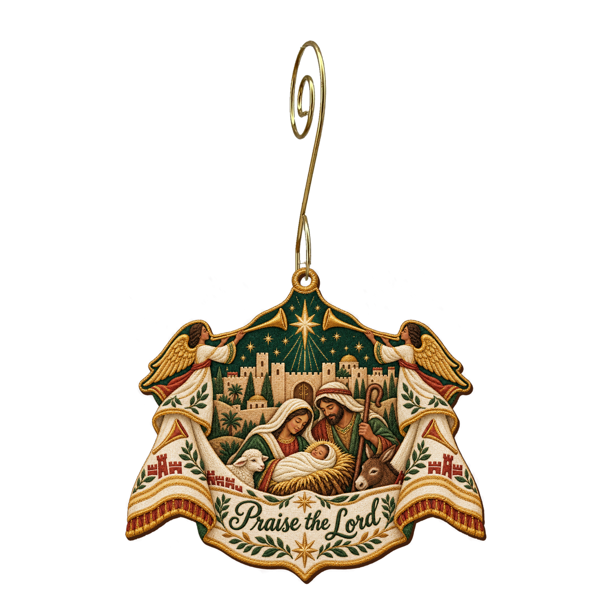 O716 — Sevenfold Praise Cloth wooden Nativity ornament with gold spiral hook